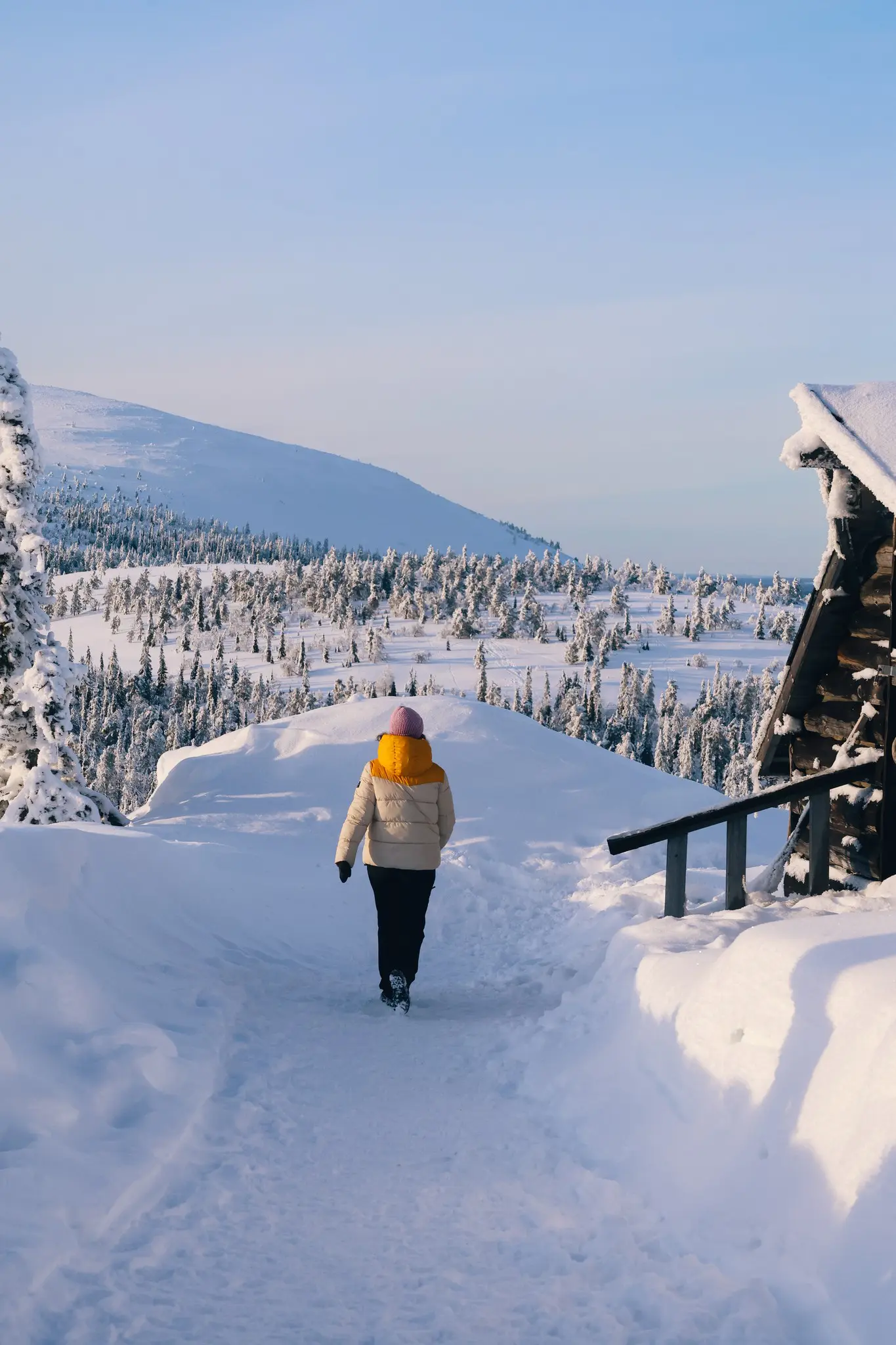 person walking on snowy path towards a winter forest and mountains