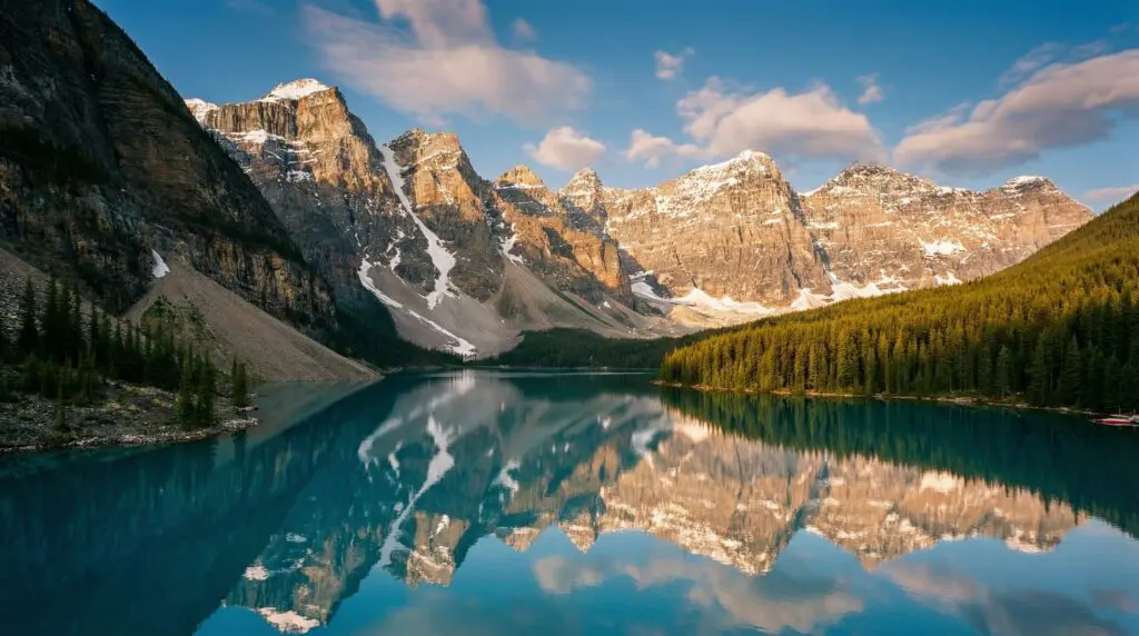 Moraine Lake with snow-capped mountains and pine forest reflection