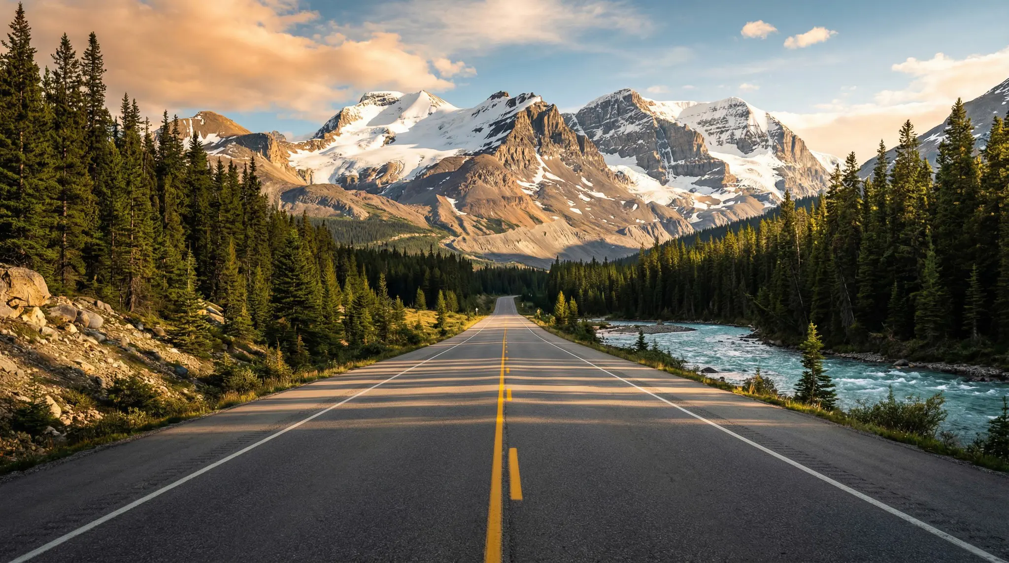 empty road leading to snow-capped mountains in Canada