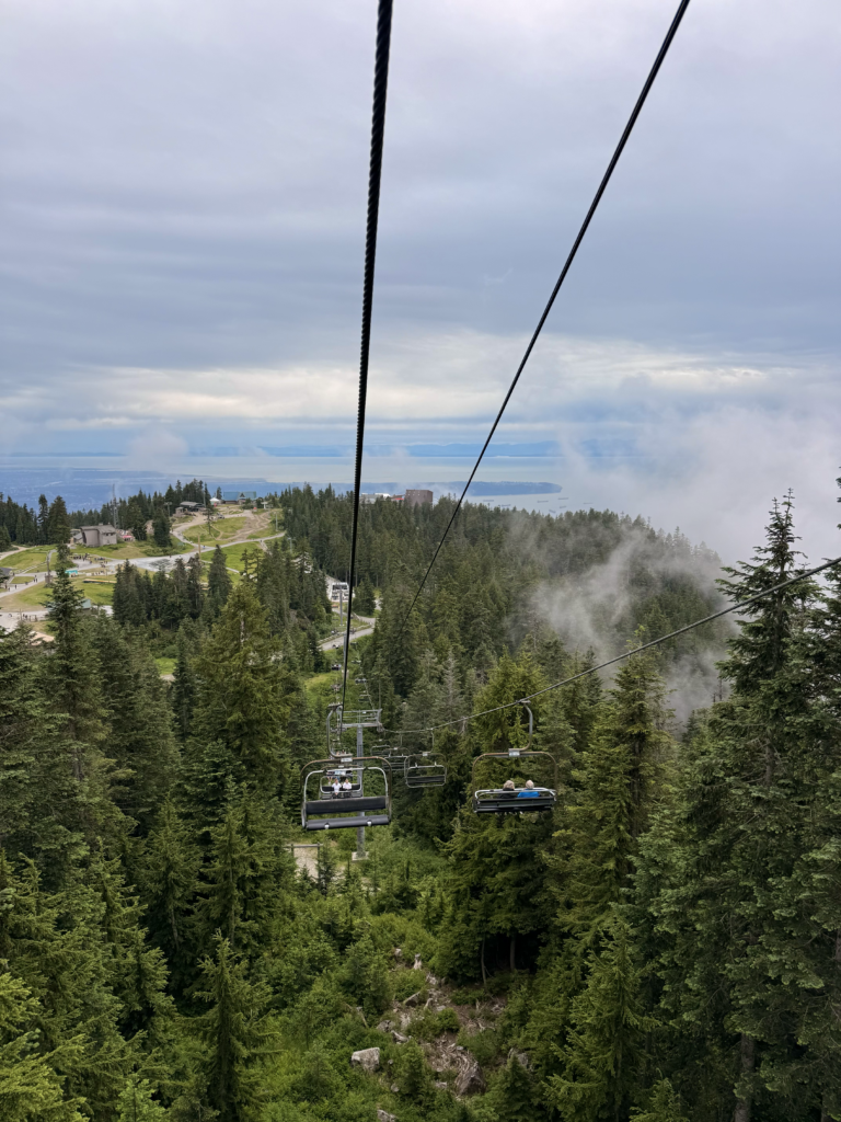 chairlift ride over a forest with distant ocean views