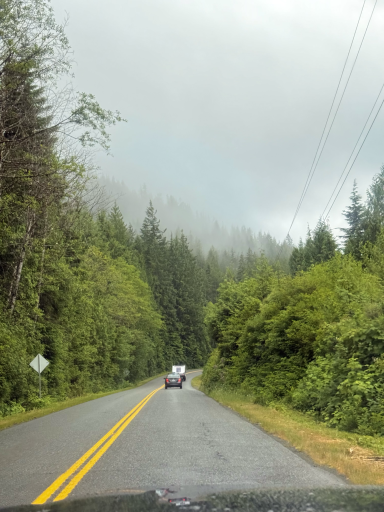 car driving on a winding road through a misty forest in Canada
