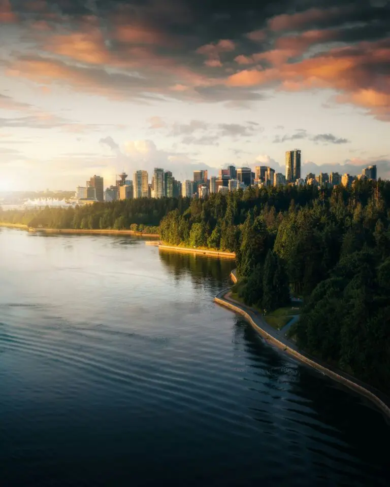 Vancouver skyline and Stanley Park at sunset