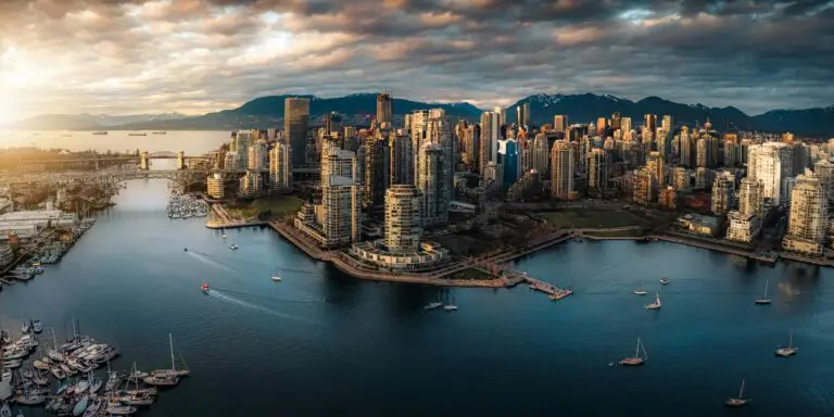 aerial panorama of Vancouver city skyline at sunset