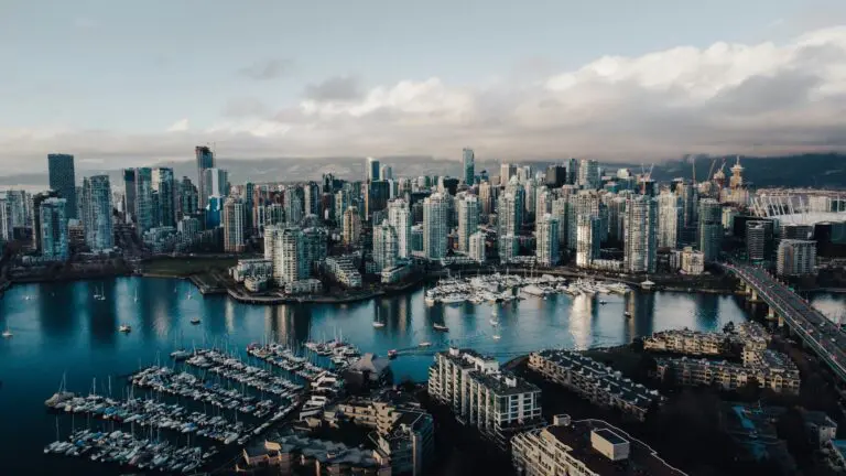 aerial view of Vancouver city skyline and marina