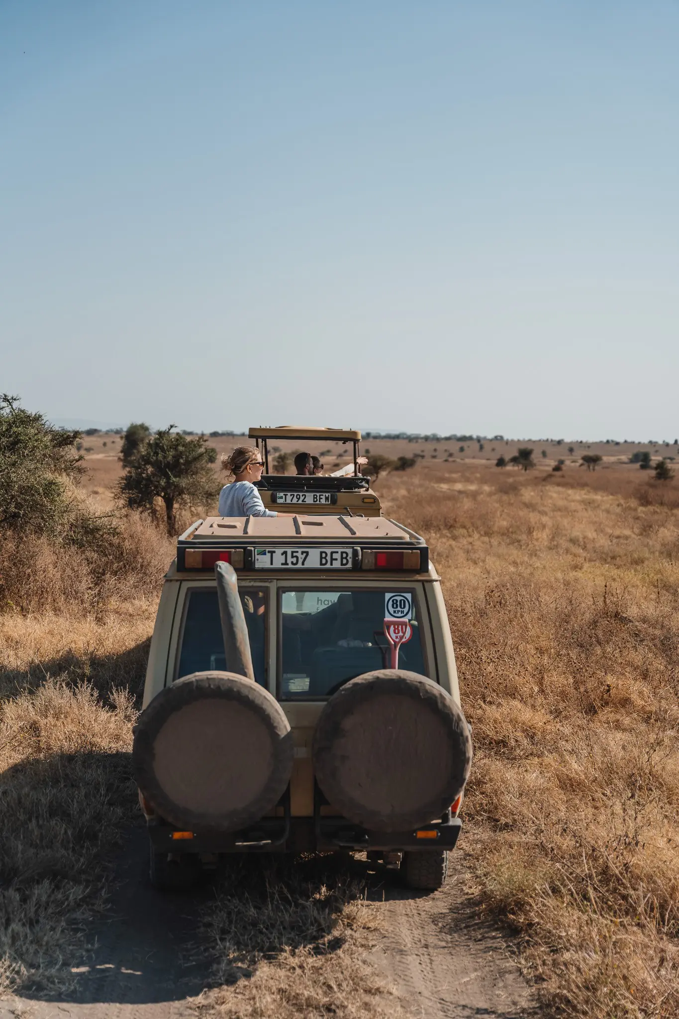 safari jeeps driving through dry african savanna