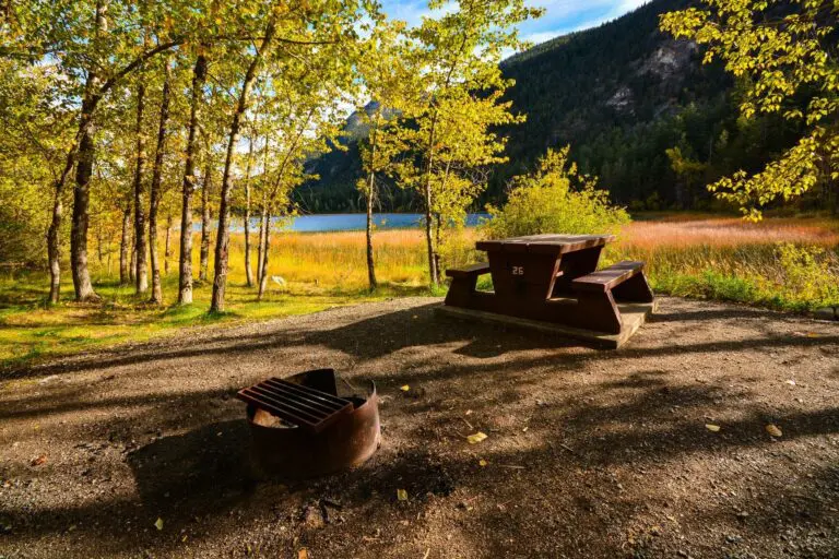 campsite with picnic table and fire pit by a lake in autumn
