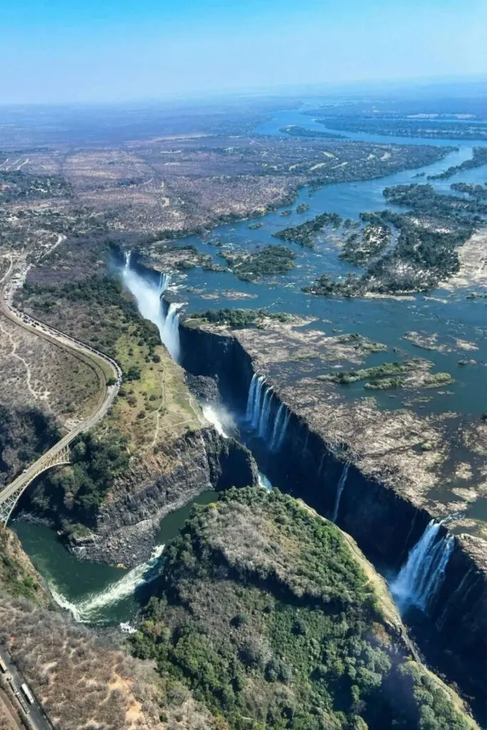 aerial view of Victoria Falls and the Zambezi River
