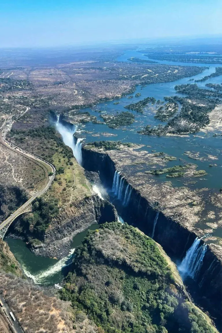 aerial view of Victoria Falls and the Zambezi River