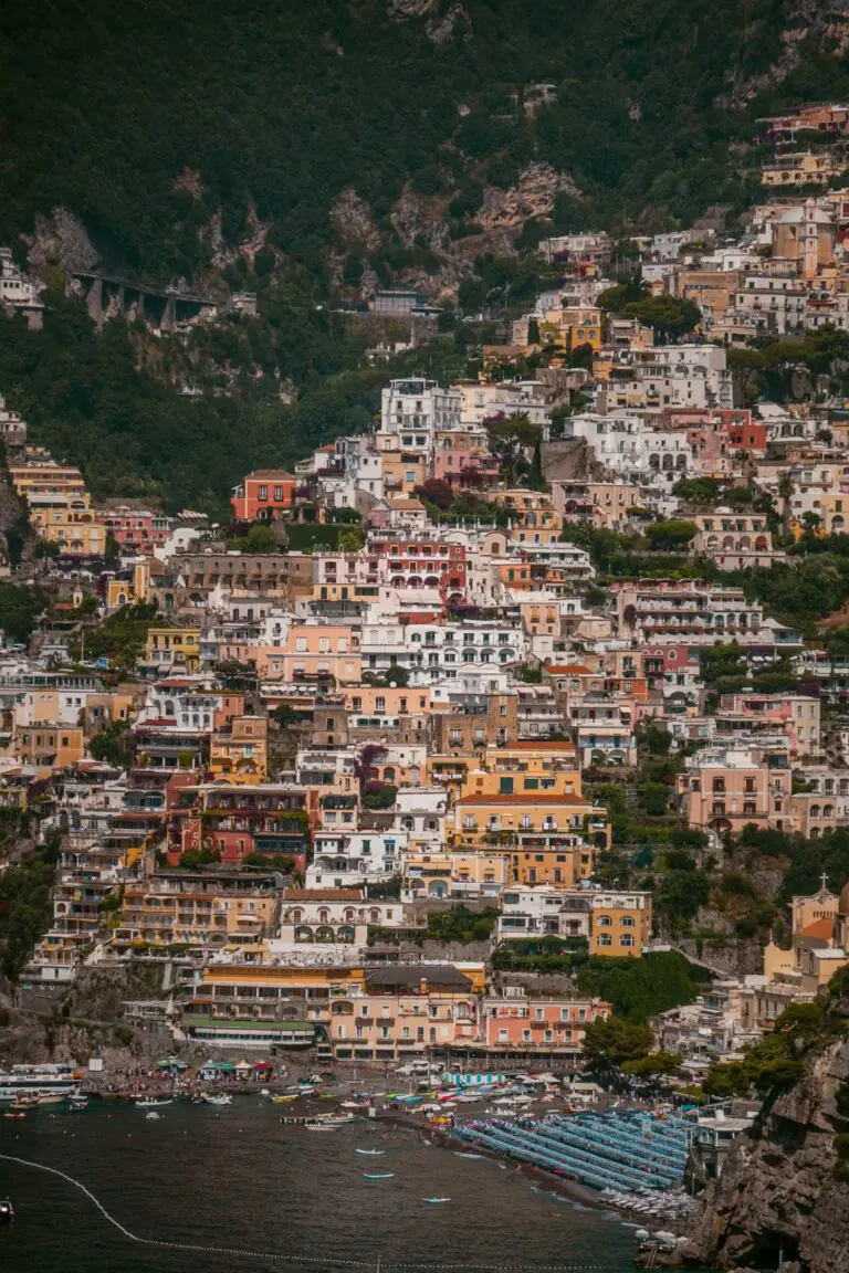 picturesque amalfi coast village of positano with beach and boats