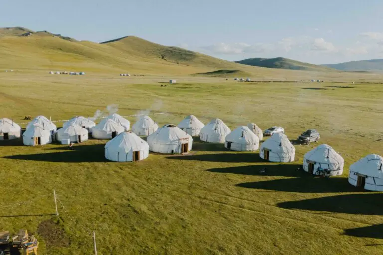 aerial view of yurts in a green valley in Kyrgyzstan
