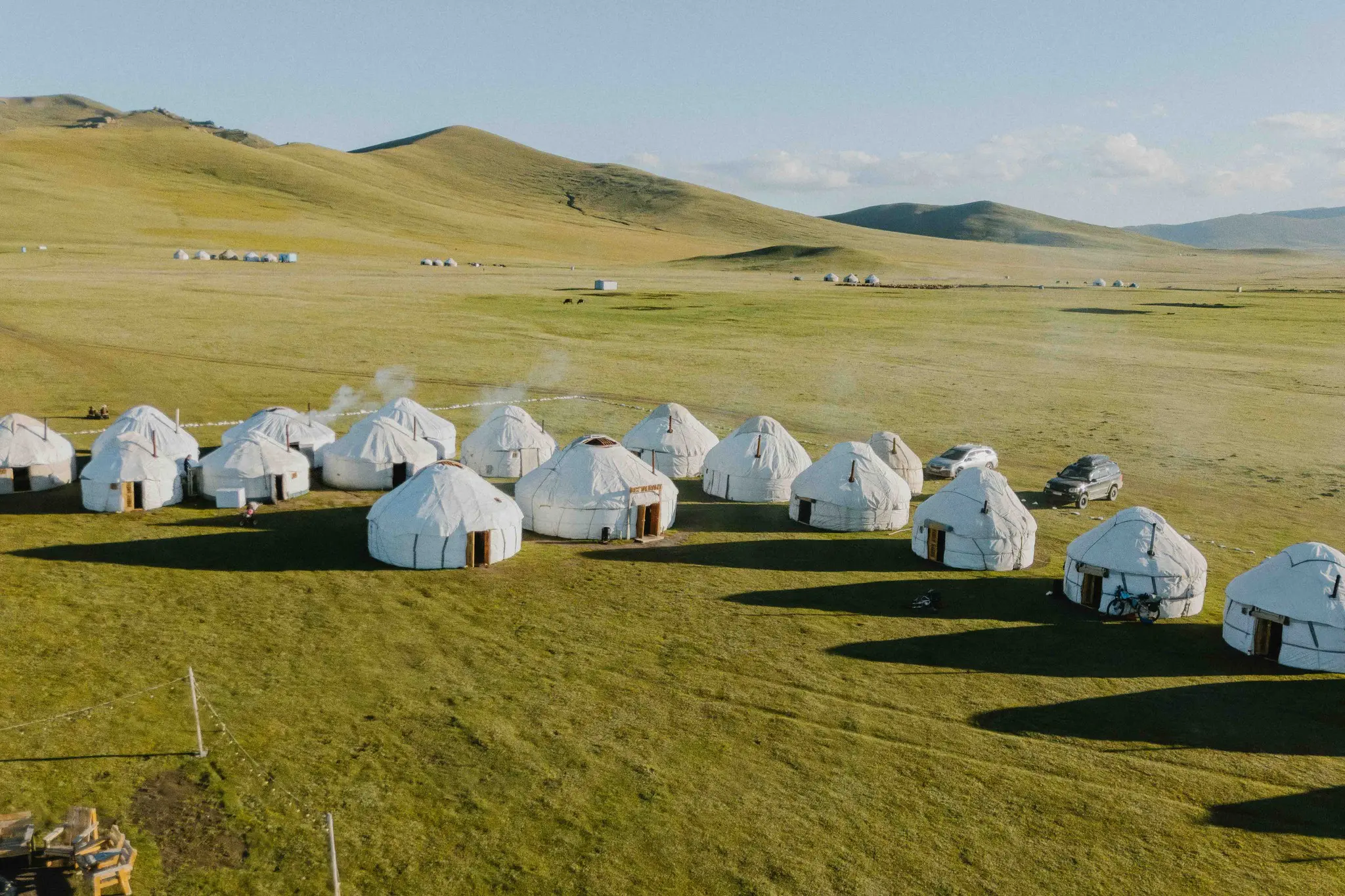 aerial view of yurts in a green valley in Kyrgyzstan