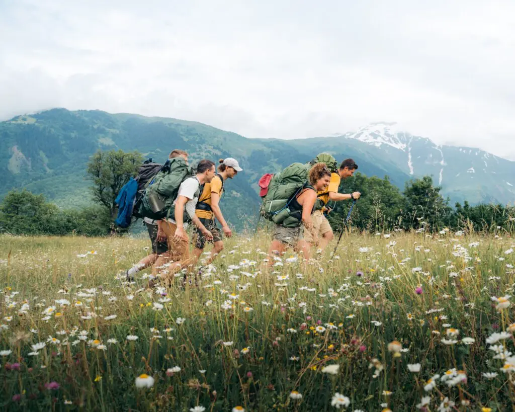 group of hikers walking through a wildflower meadow in Georgia
