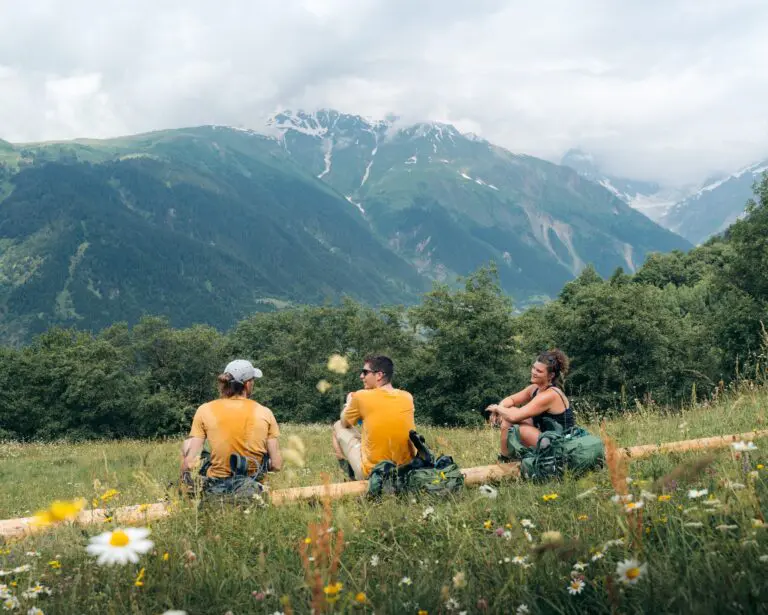 three hikers resting on a log in a mountain meadow