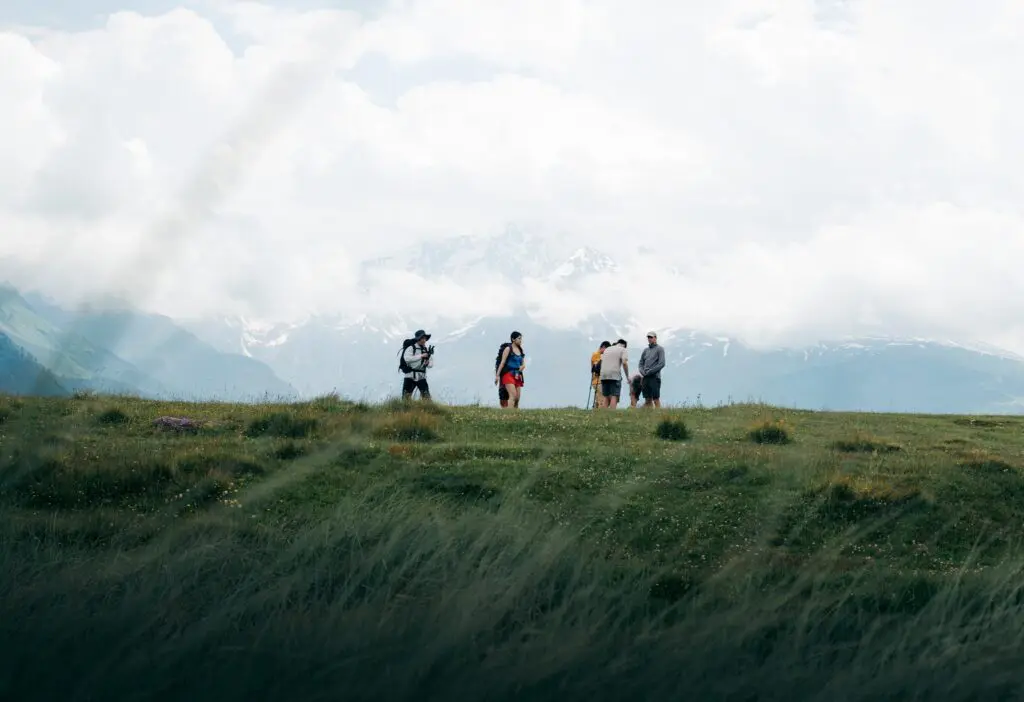 group of hikers on a grassy hill with snowy mountains