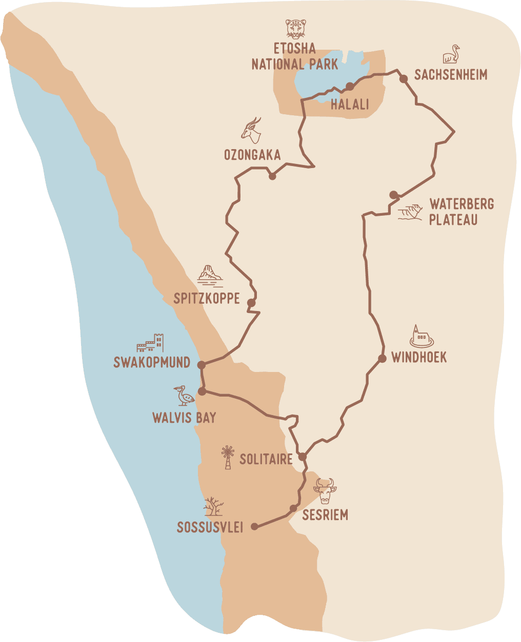 map de l'itinéraire du roadtrip en Namibie Weadventure